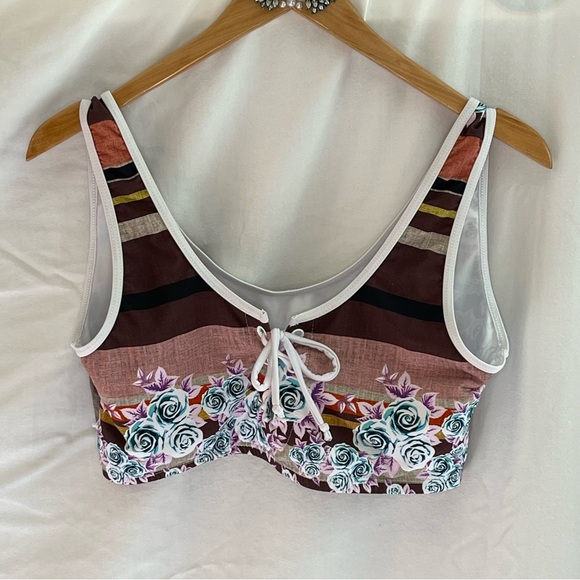 Athletic Swim Top Bikini Flower an Stripe Print with Tie Front XL - Picture 3 of 11